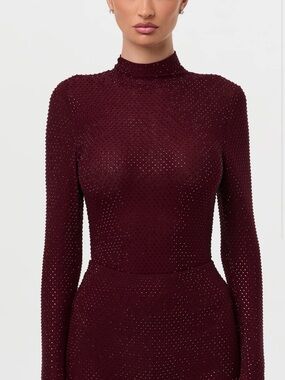 Naked Wardrobe Dark Plum Burgundy Long Sleeve Crystal Rhinestone Turtleneck Top